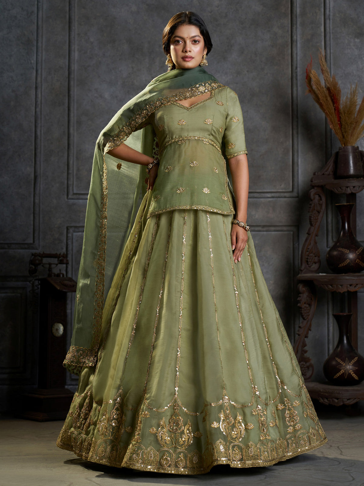 Elegant Green Zari Embroidered Organza Mehndi Wear Lehenga Choli
