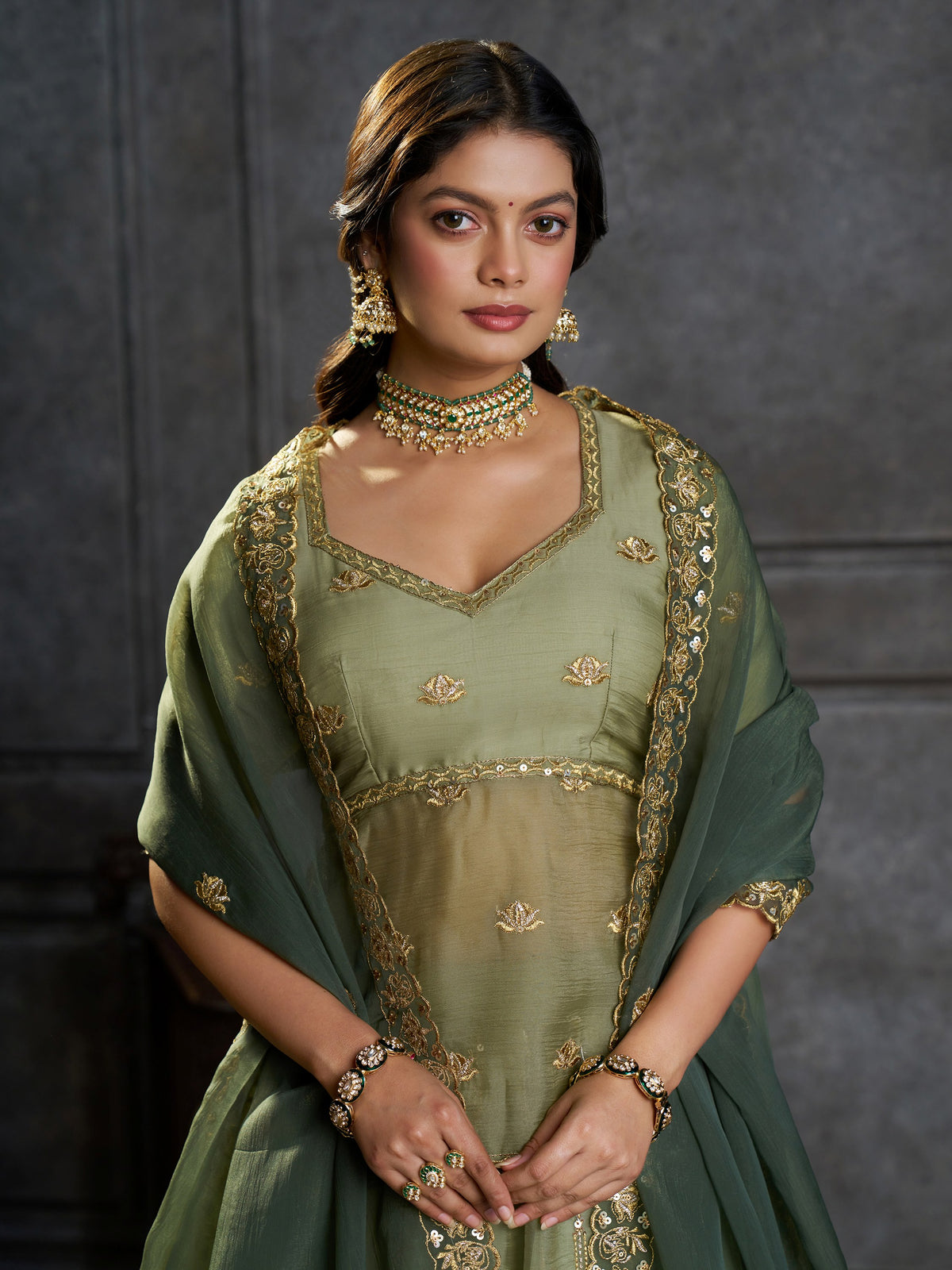 Elegant Green Zari Embroidered Organza Mehndi Wear Lehenga Choli