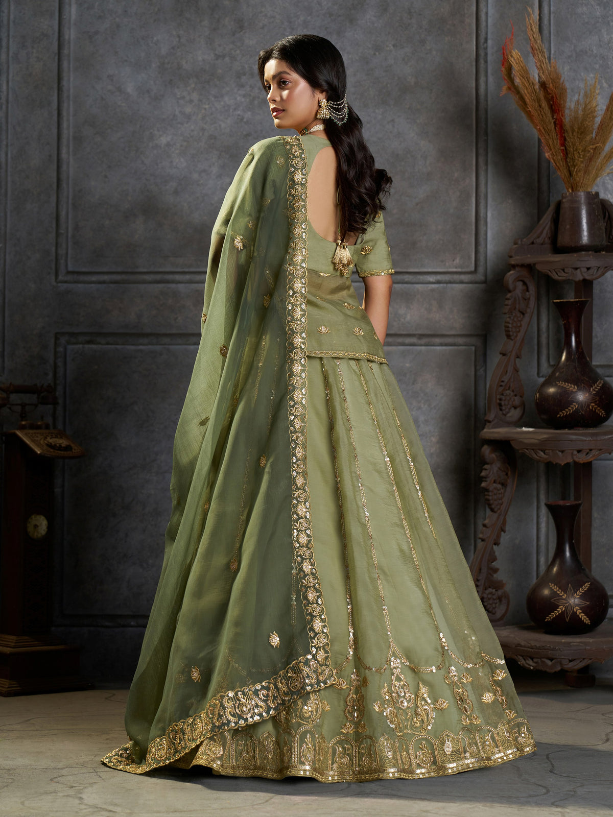 Elegant Green Zari Embroidered Organza Mehndi Wear Lehenga Choli