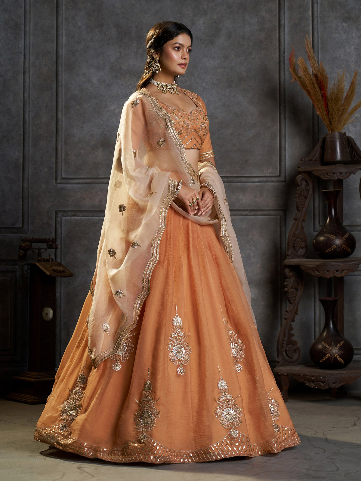 Graceful Peach Zari Embroidered Organza Traditional Lehenga Choli
