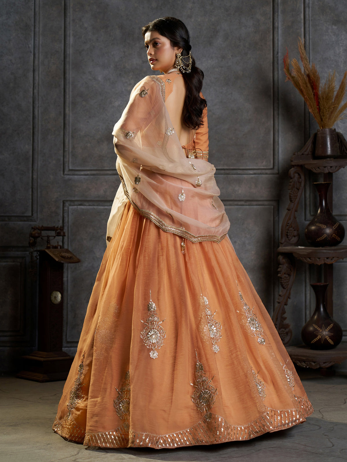 Graceful Peach Zari Embroidered Organza Traditional Lehenga Choli