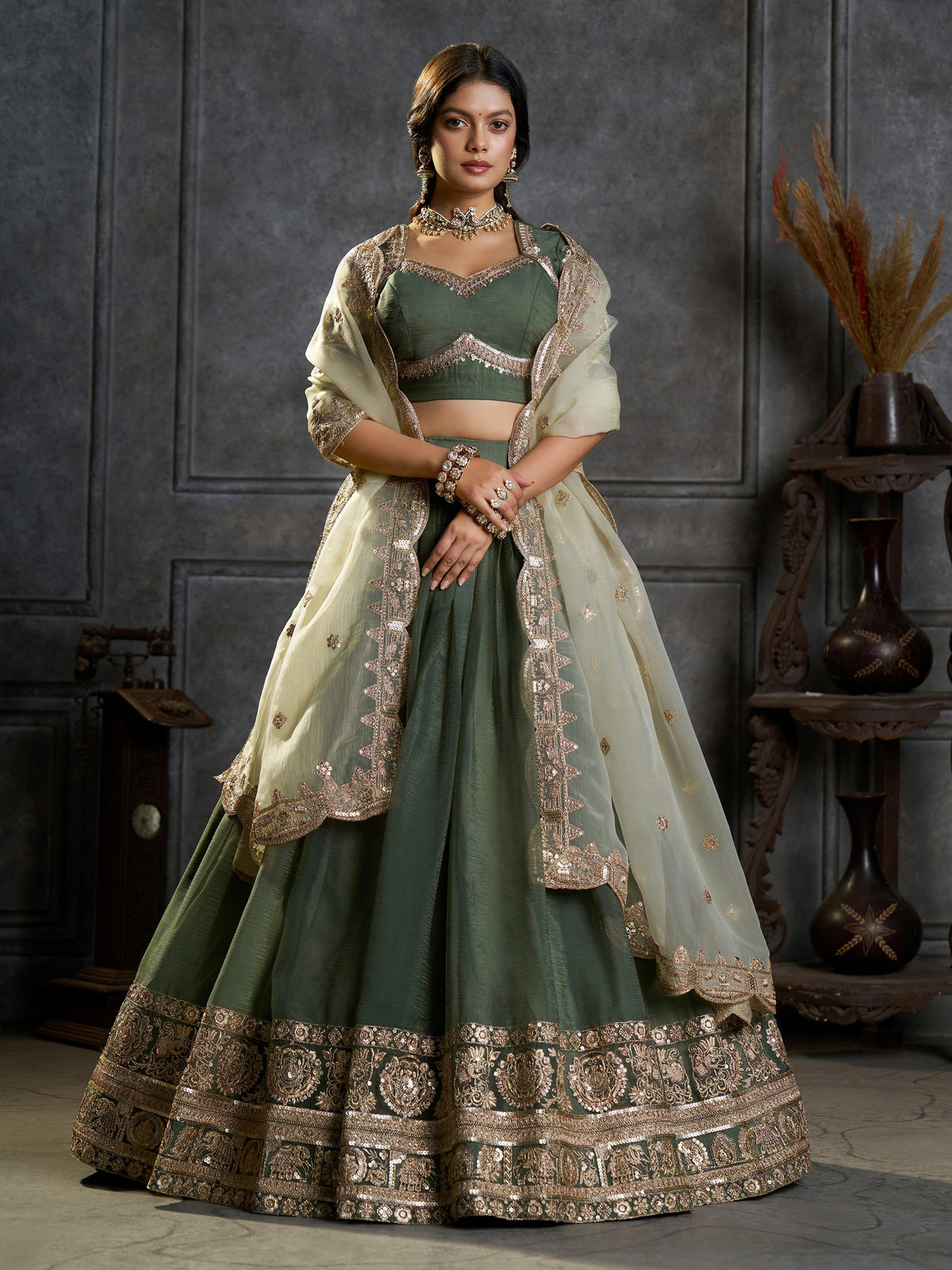 Royal Green Zari Work Organza Function Wear Lehenga Choli