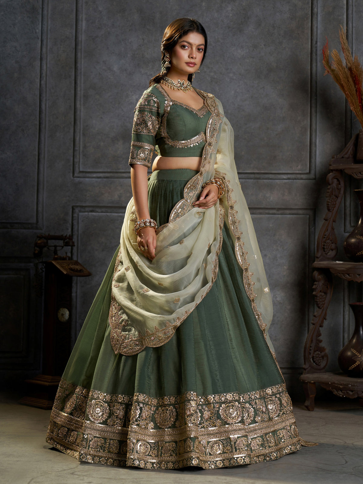 Royal Green Zari Work Organza Function Wear Lehenga Choli
