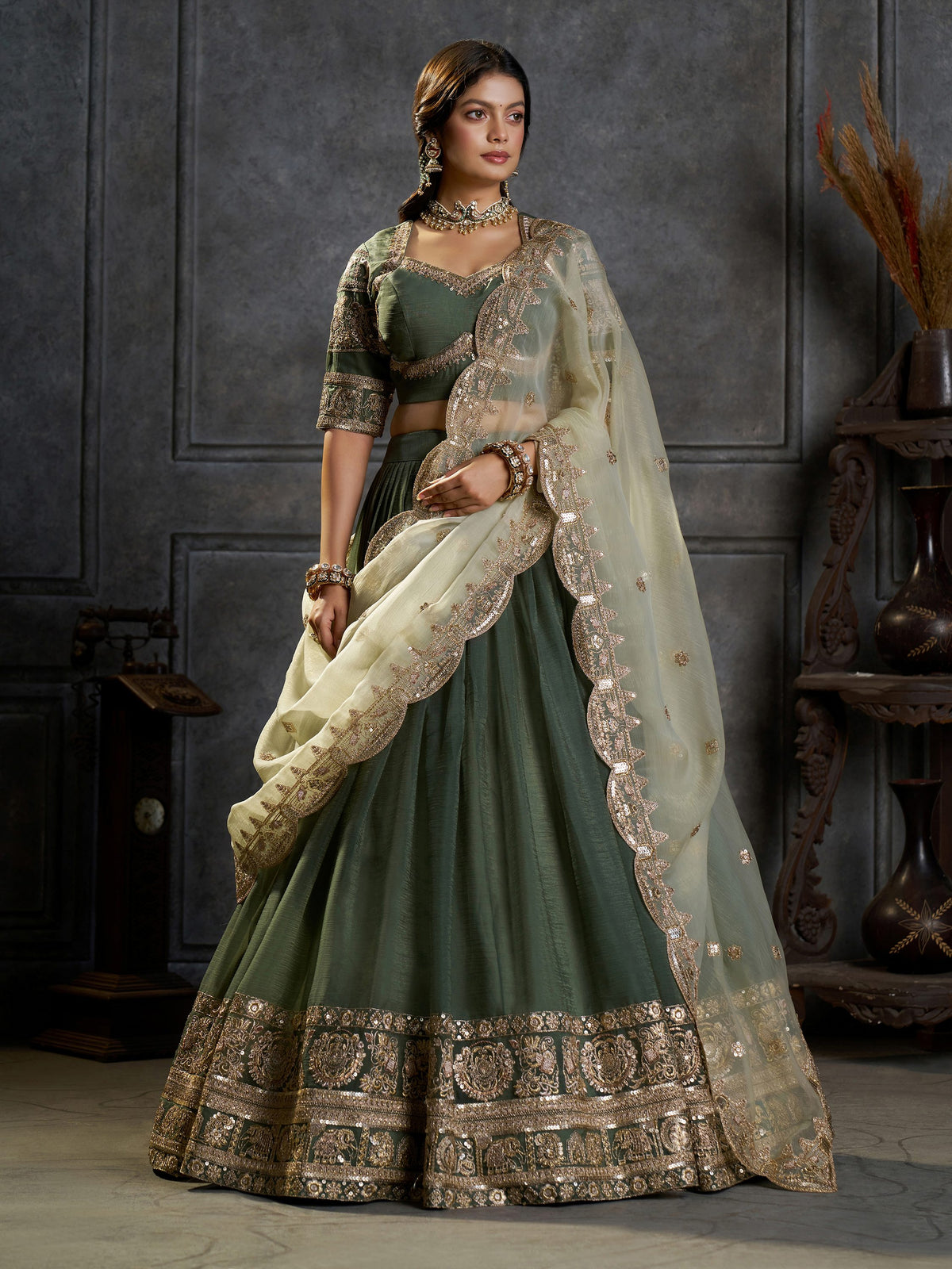Royal Green Zari Work Organza Function Wear Lehenga Choli