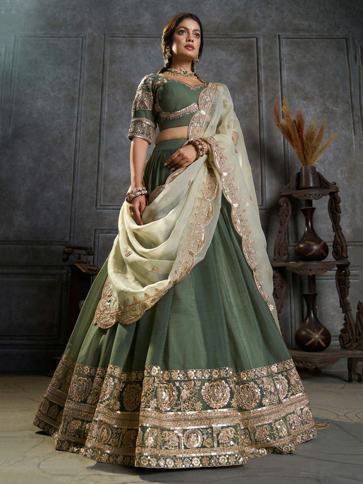 Royal Green Zari Work Organza Function Wear Lehenga Choli
