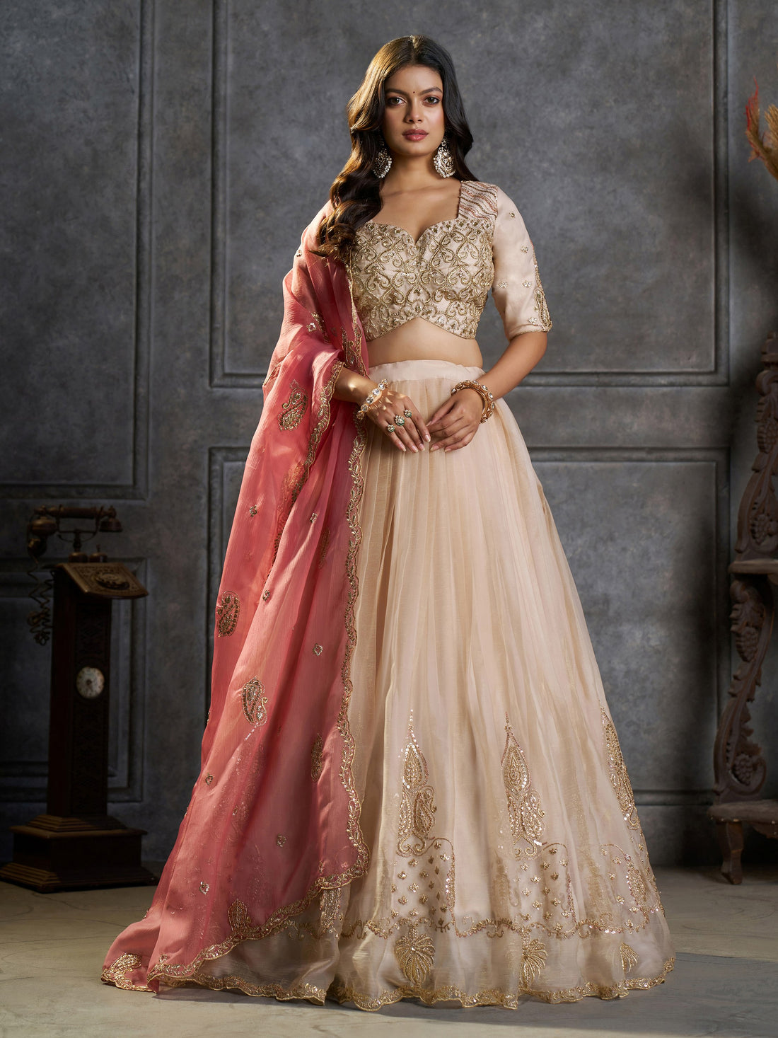 Enchanting Cream Zari Embroidered Organza Wedding Wear Lehenga Choli