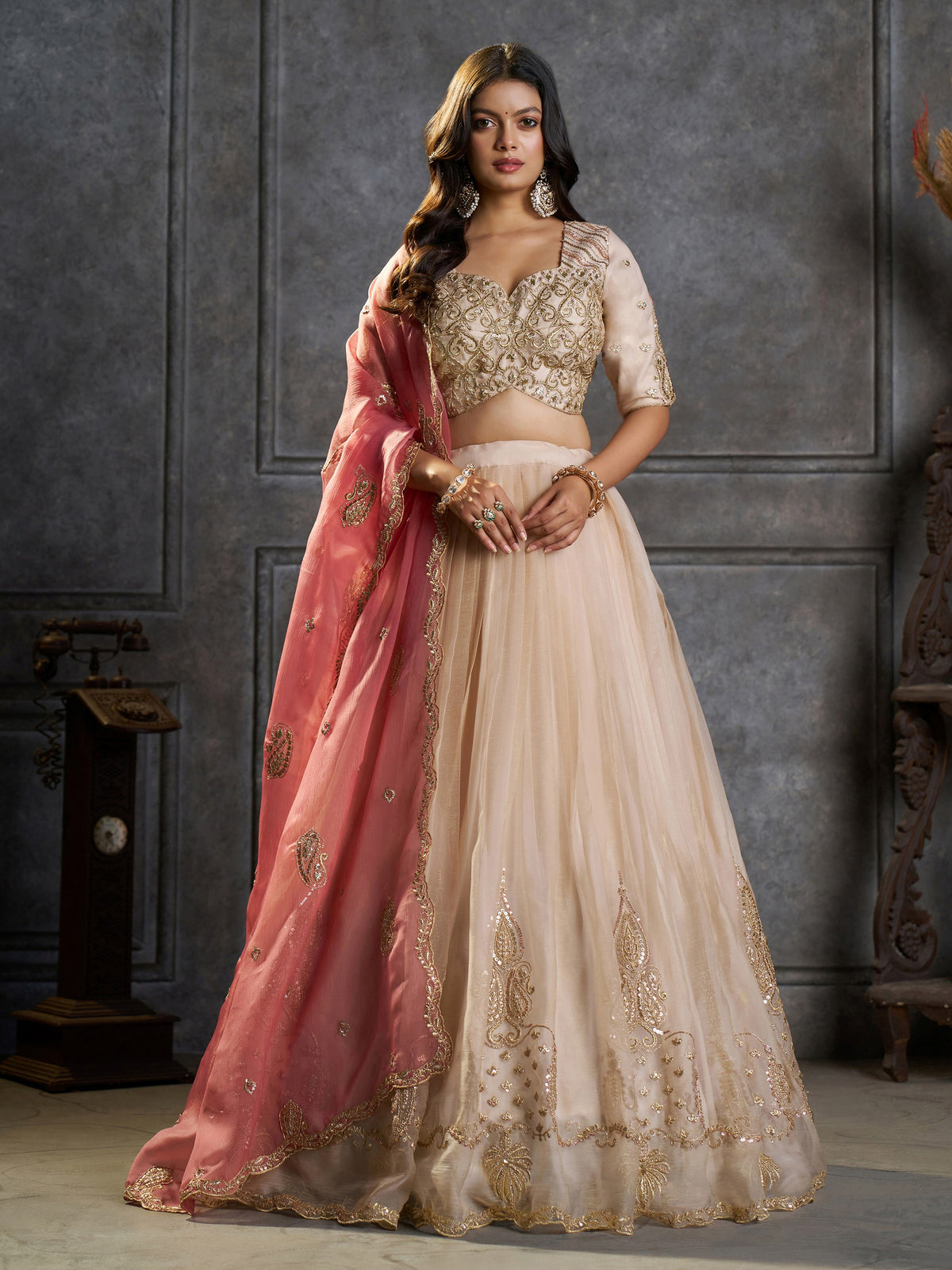 Enchanting Cream Zari Embroidered Organza Wedding Wear Lehenga Choli