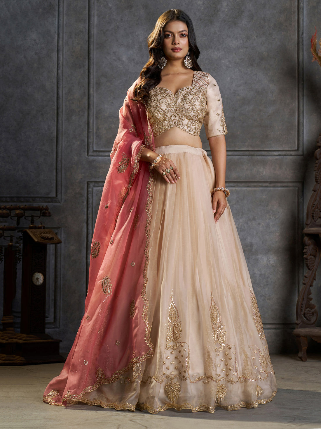 Enchanting Cream Zari Embroidered Organza Wedding Wear Lehenga Choli