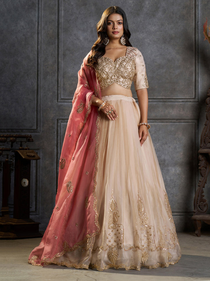 Enchanting Cream Zari Embroidered Organza Wedding Wear Lehenga Choli