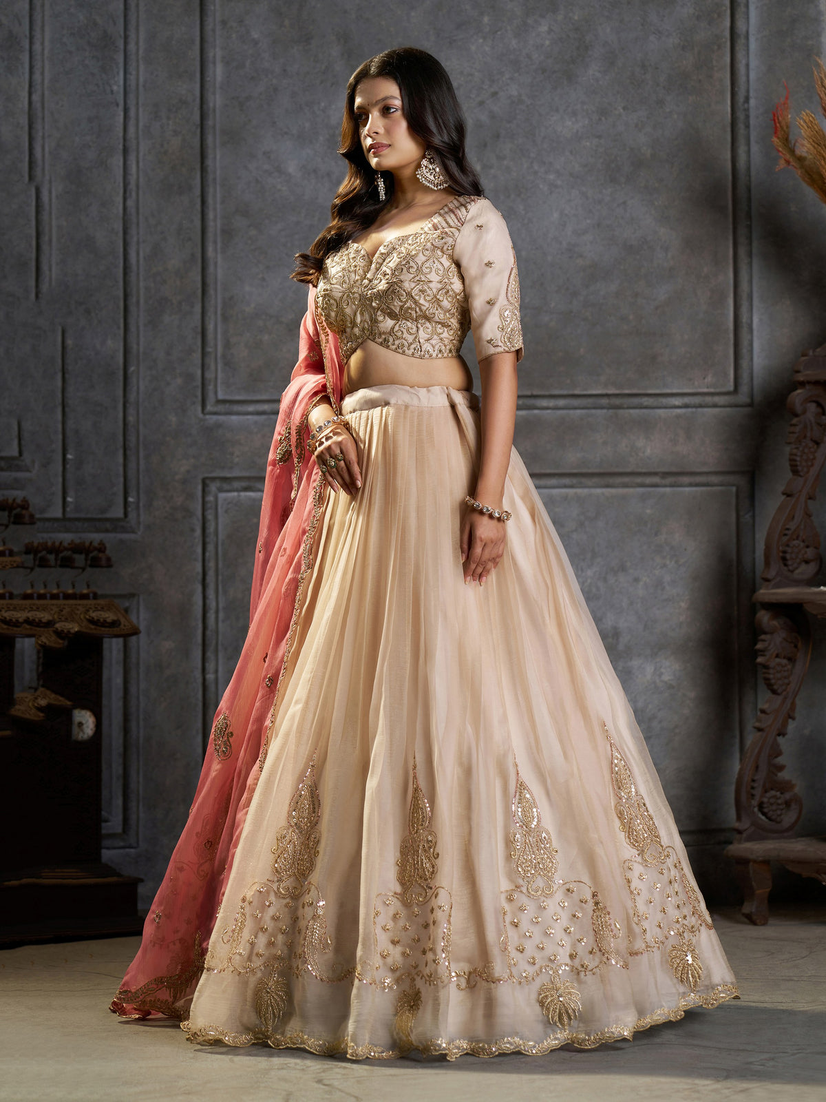 Enchanting Cream Zari Embroidered Organza Wedding Wear Lehenga Choli