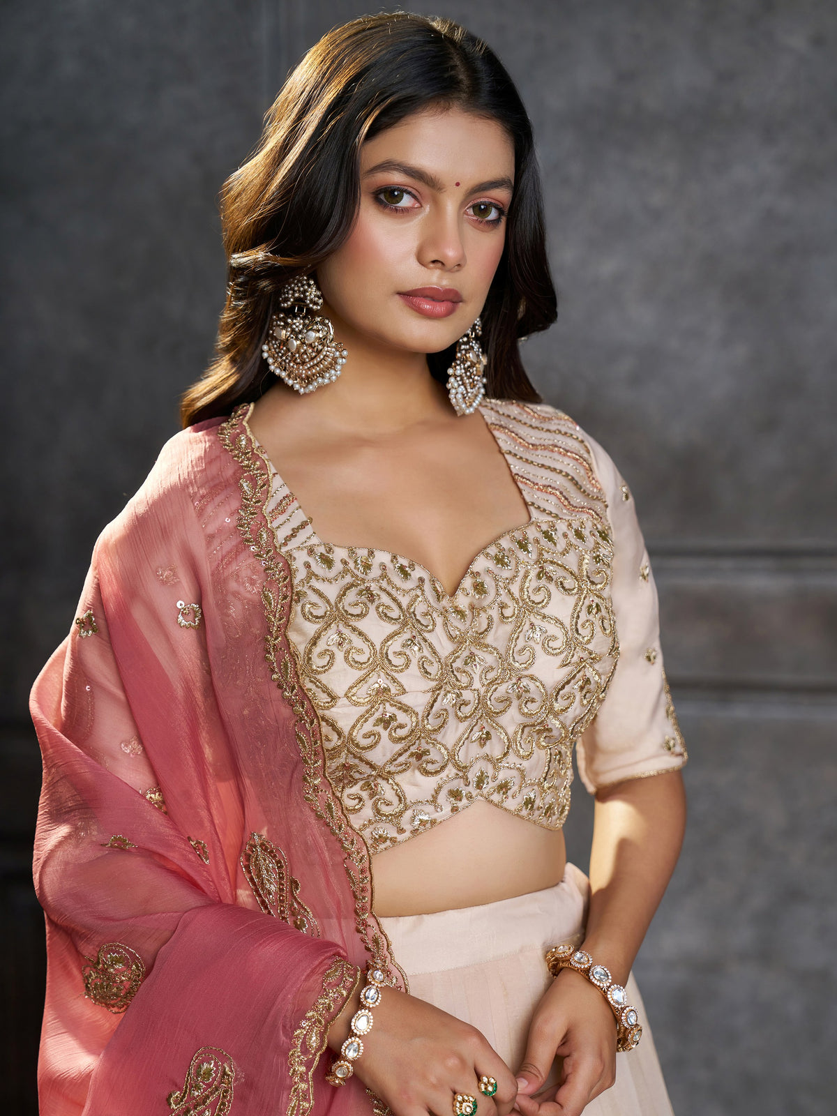 Enchanting Cream Zari Embroidered Organza Wedding Wear Lehenga Choli