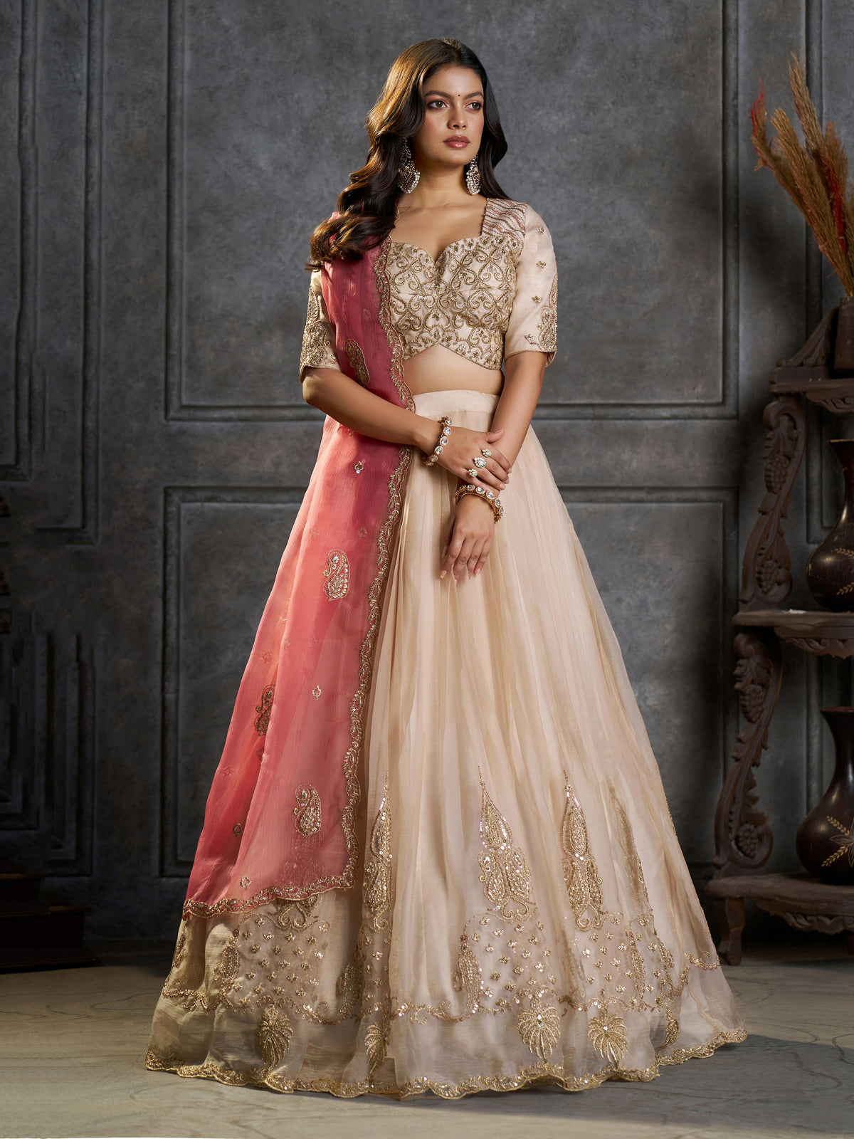 Enchanting Cream Zari Embroidered Organza Wedding Wear Lehenga Choli