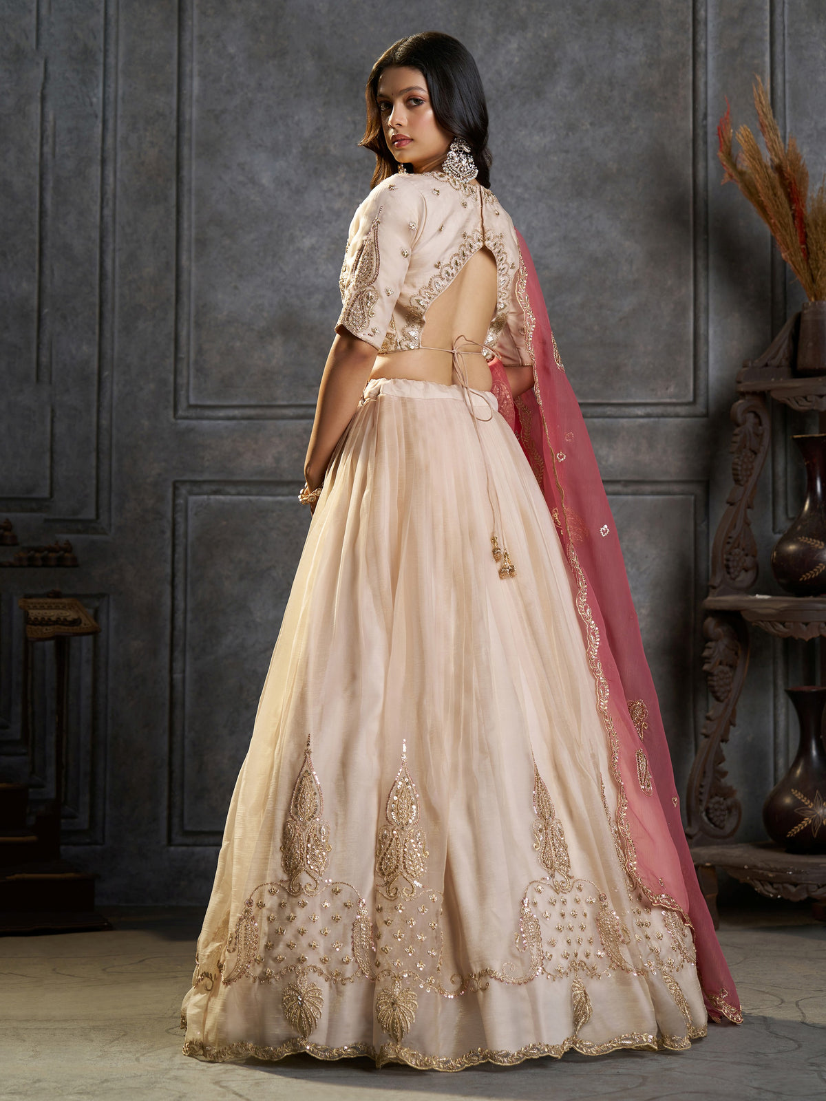 Enchanting Cream Zari Embroidered Organza Wedding Wear Lehenga Choli