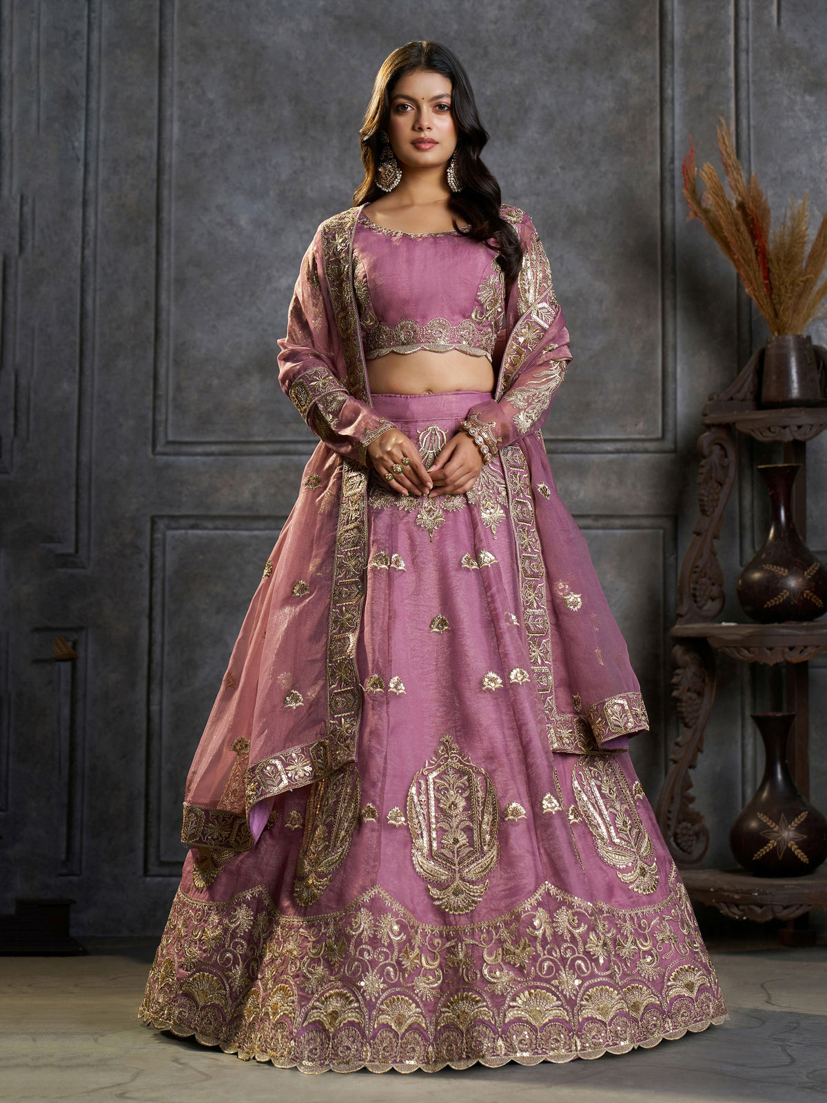 Majestic Mauve Zari Embroidered Organza Event Wear Lehenga Choli