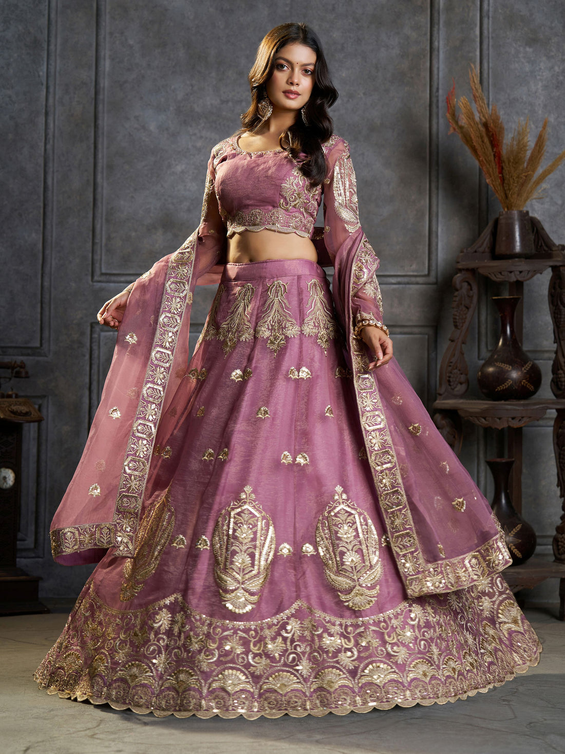 Majestic Mauve Zari Embroidered Organza Event Wear Lehenga Choli