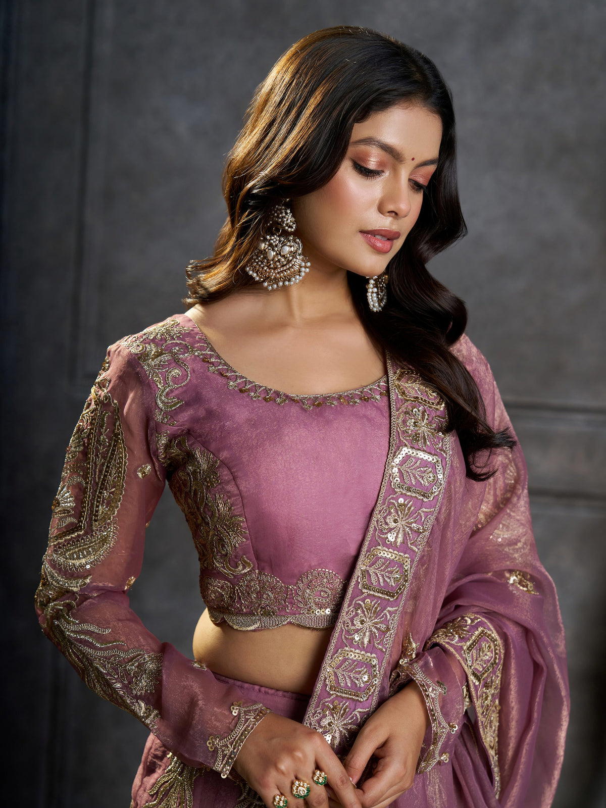 Majestic Mauve Zari Embroidered Organza Event Wear Lehenga Choli