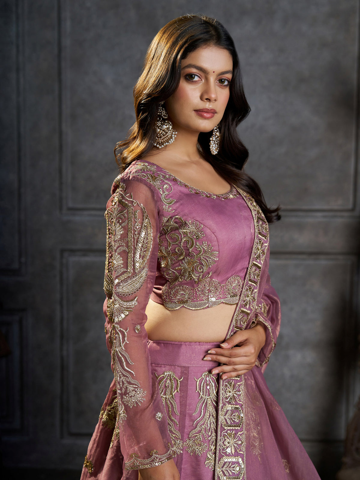 Majestic Mauve Zari Embroidered Organza Event Wear Lehenga Choli