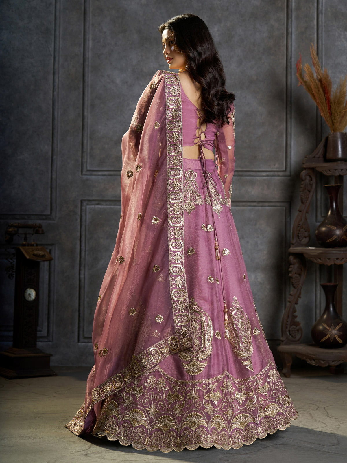 Majestic Mauve Zari Embroidered Organza Event Wear Lehenga Choli