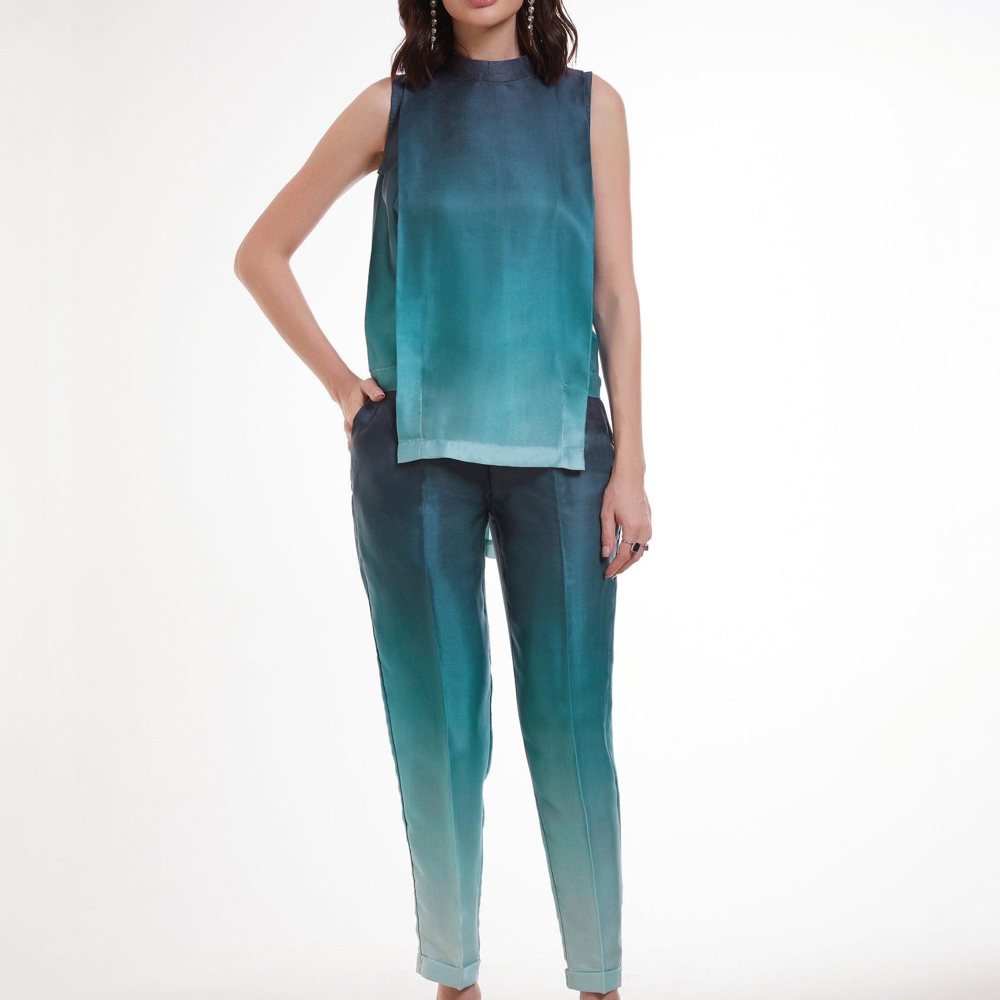 Outstanding Ombre Blue Printed Satin Party Wear Co-Ord Set