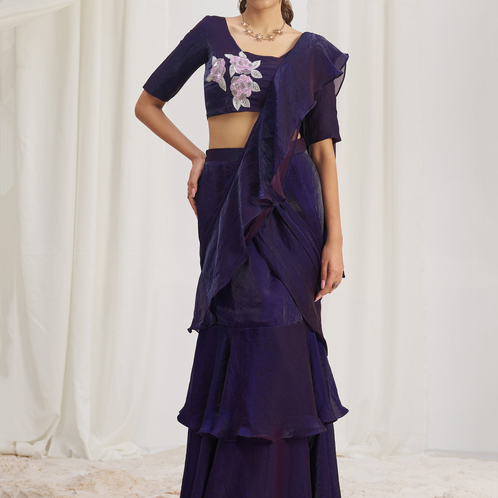 Glamorous Wine Ruffle Organza Pre-Stitched Saree With Hand Work Blouse
