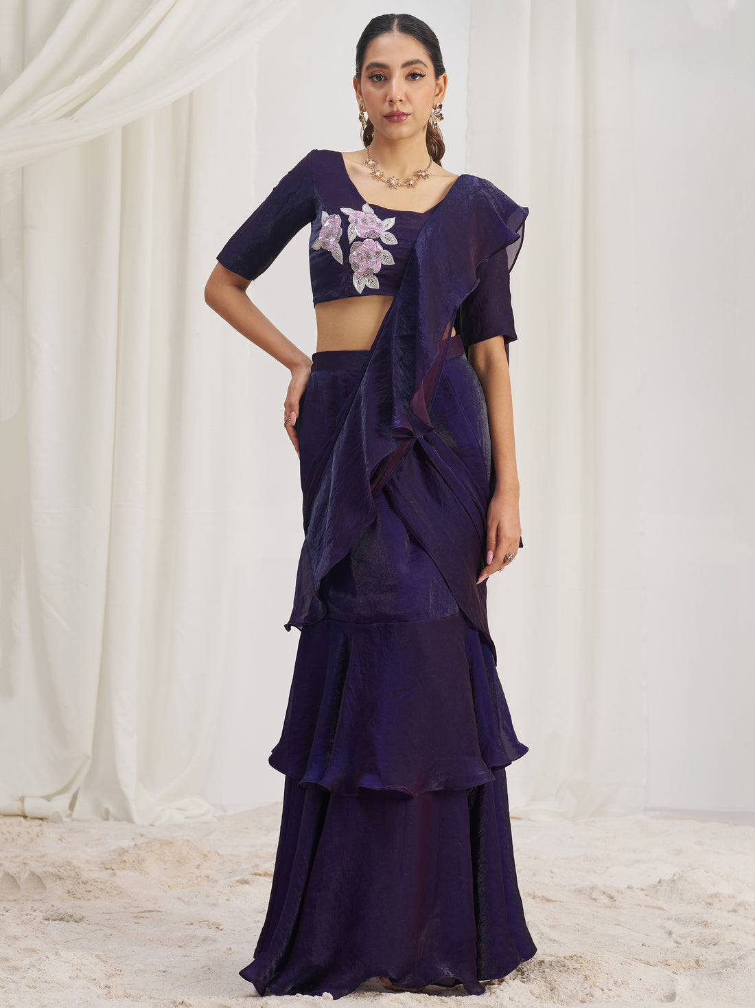Glamorous Wine Ruffle Organza Pre-Stitched Saree With Hand Work Blouse