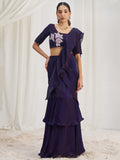 Glamorous Wine Ruffle Organza Pre-Stitched Saree With Hand Work Blouse