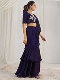 Glamorous Wine Ruffle Organza Pre-Stitched Saree With Hand Work Blouse