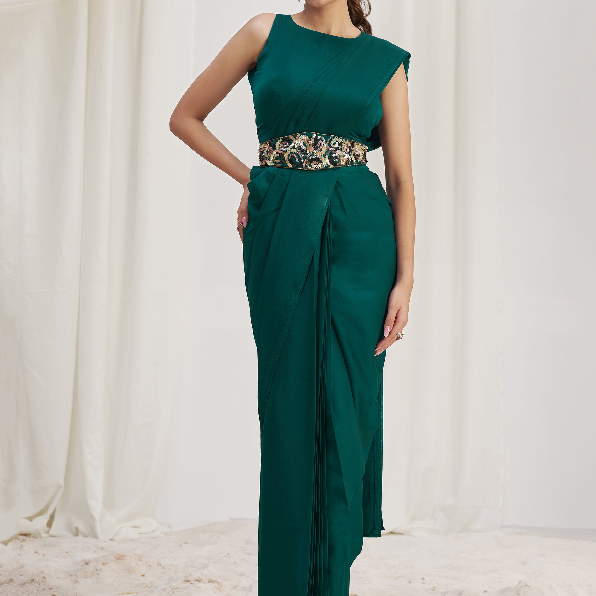 Awesome Teal Green Organza Silk Ready To Wear Saree With Blouse