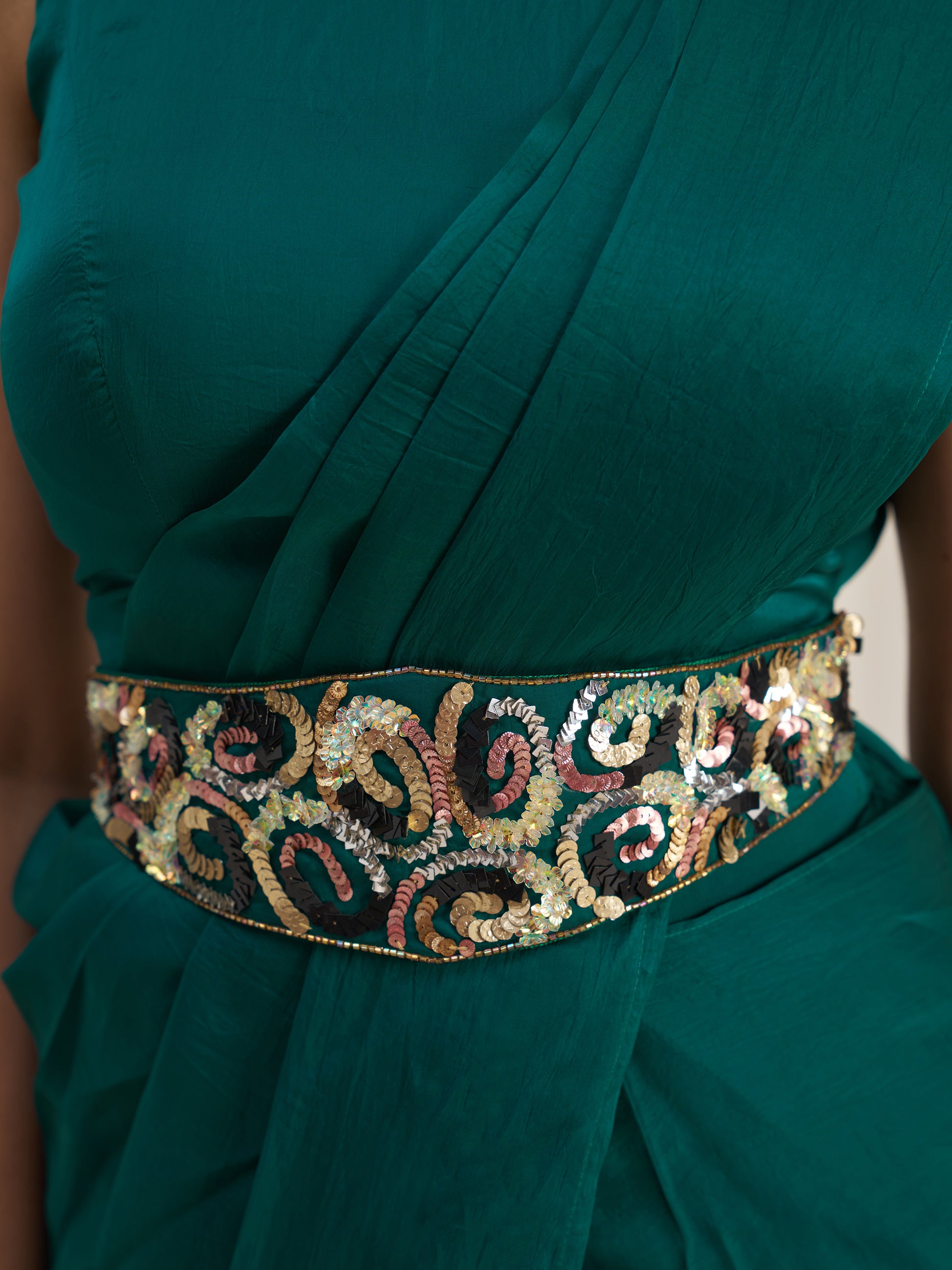 Awesome Teal Green Organza Silk Ready To Wear Saree With Blouse