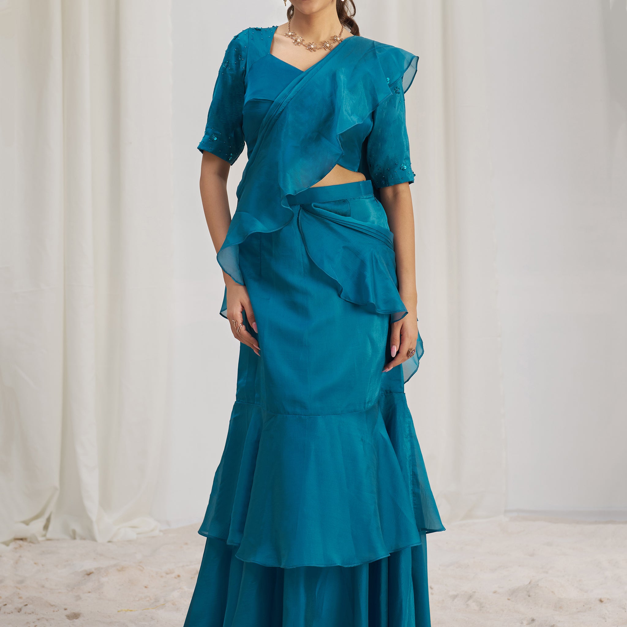 Spectacular Teal Blue Hand Work Organza Silk Ready To Wear Ruffle Saree