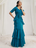 Spectacular Teal Blue Hand Work Organza Silk Ready To Wear Ruffle Saree