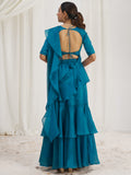 Spectacular Teal Blue Hand Work Organza Silk Ready To Wear Ruffle Saree