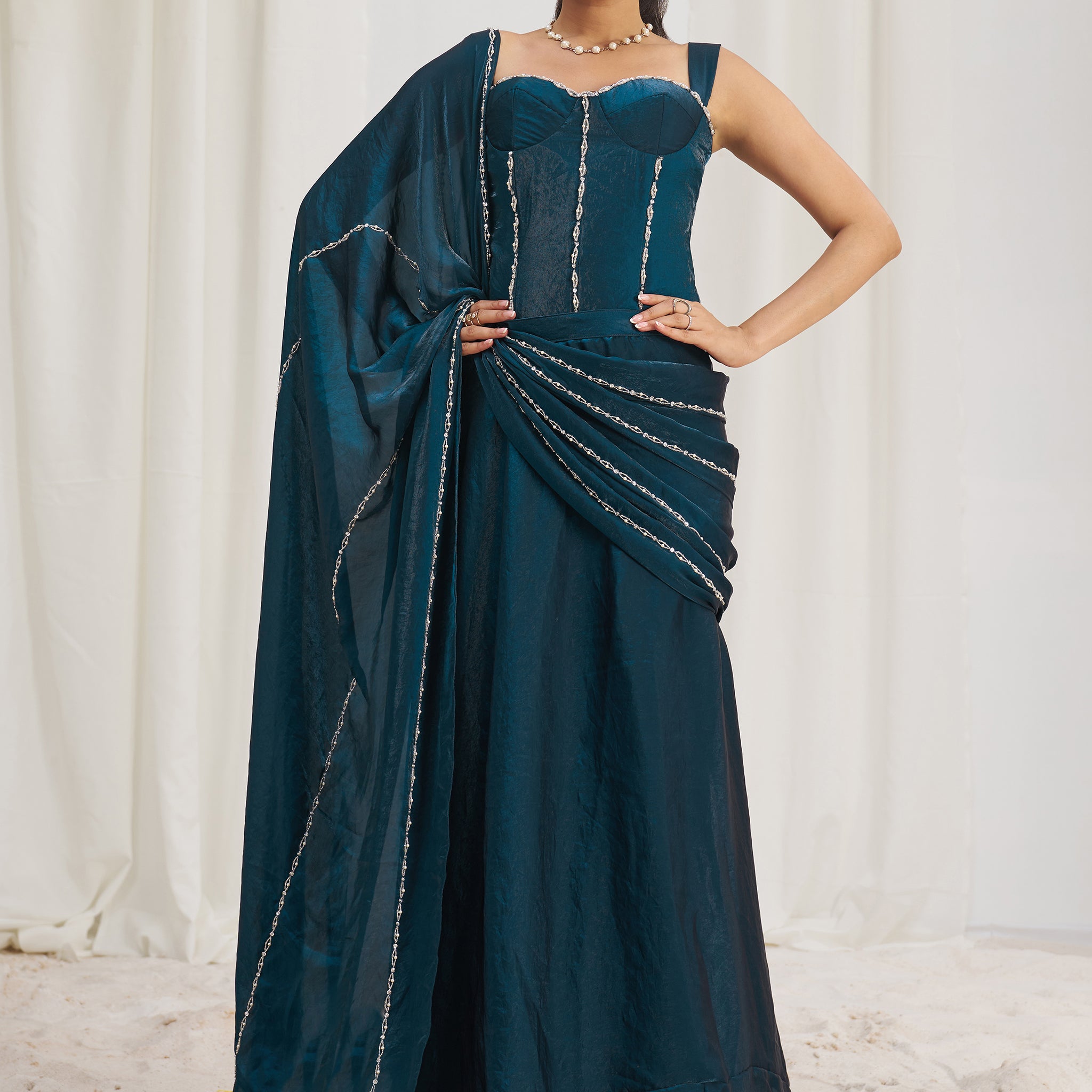 Fascinating Navy Blue Organza Silk Pre-Stitched Saree With Corset Blouse
