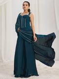 Fascinating Navy Blue Organza Silk Pre-Stitched Saree With Corset Blouse