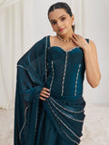 Fascinating Navy Blue Organza Silk Pre-Stitched Saree With Corset Blouse