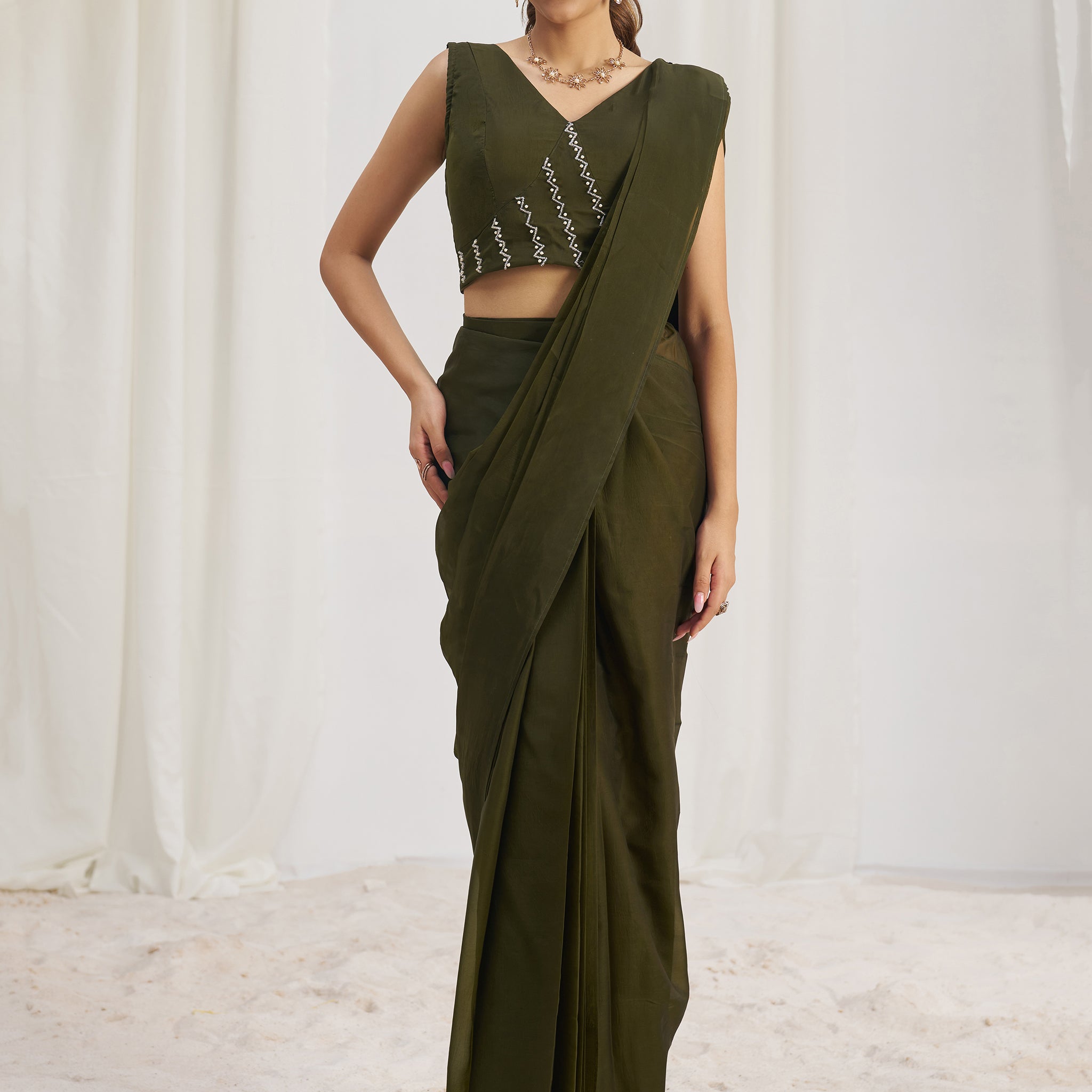 Mesmerizing Olive Green Hand Work Organza Pre-Stitched Saree