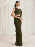 Mesmerizing Olive Green Hand Work Organza Pre-Stitched Saree