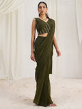 Mesmerizing Olive Green Hand Work Organza Pre-Stitched Saree