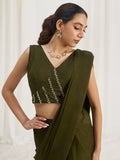 Mesmerizing Olive Green Hand Work Organza Pre-Stitched Saree