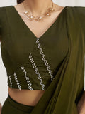 Mesmerizing Olive Green Hand Work Organza Pre-Stitched Saree