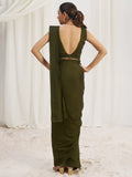 Mesmerizing Olive Green Hand Work Organza Pre-Stitched Saree
