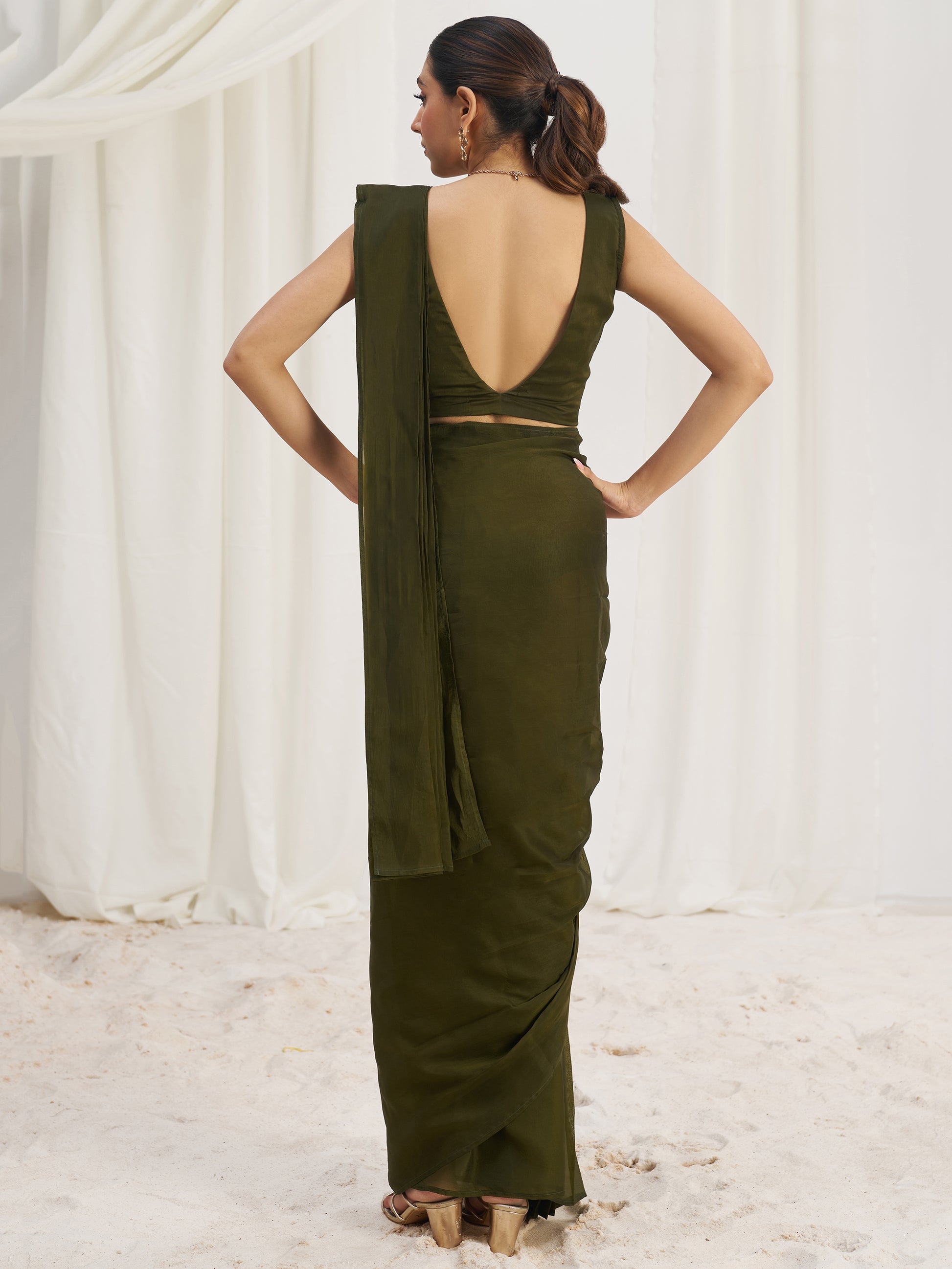 Mesmerizing Olive Green Hand Work Organza Pre-Stitched Saree