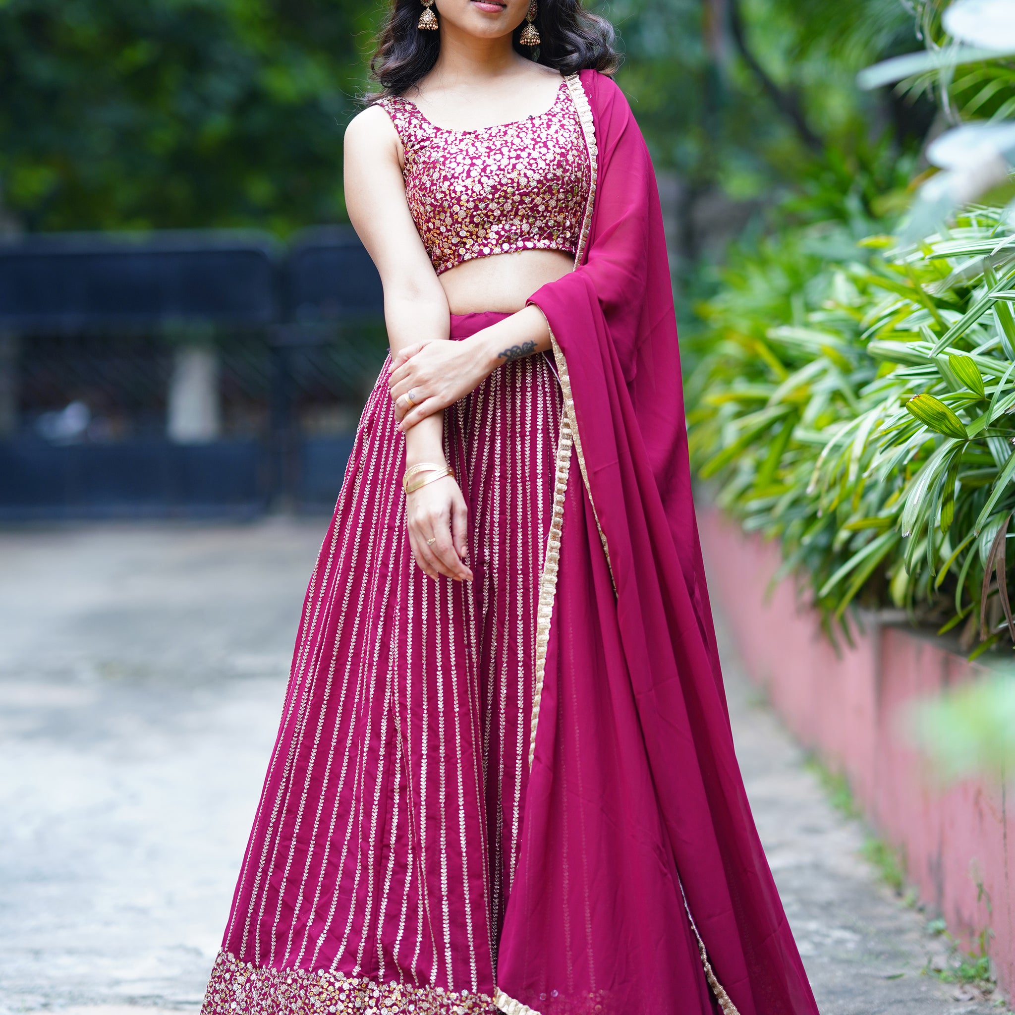 Dazzling Magenta Sequins Georgette Engagement Wear Lehenga Choli