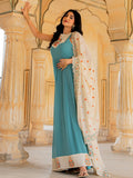 Superb Turquoise Zari Embroidery Georgette Festive Wear Gown With Dupatta
