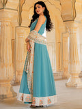 Superb Turquoise Zari Embroidery Georgette Festive Wear Gown With Dupatta