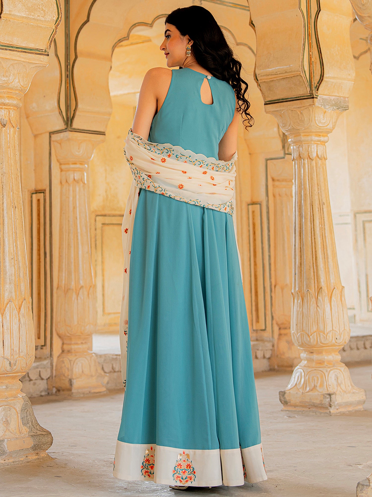 Superb Turquoise Zari Embroidery Georgette Festive Wear Gown With Dupatta