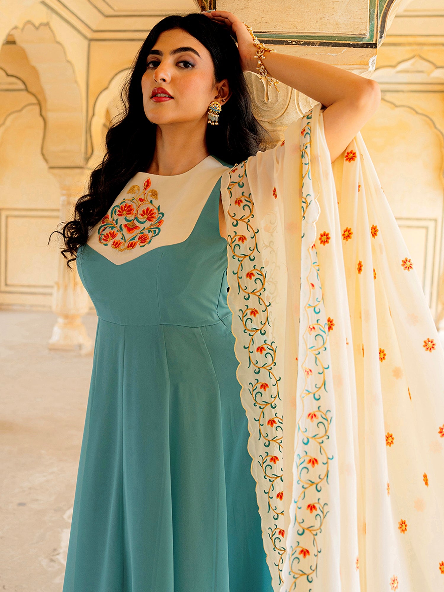 Superb Turquoise Zari Embroidery Georgette Festive Wear Gown With Dupatta