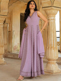 Classy Lavender Lucknowi Work Georgette Festive Wear Gown With Dupatta