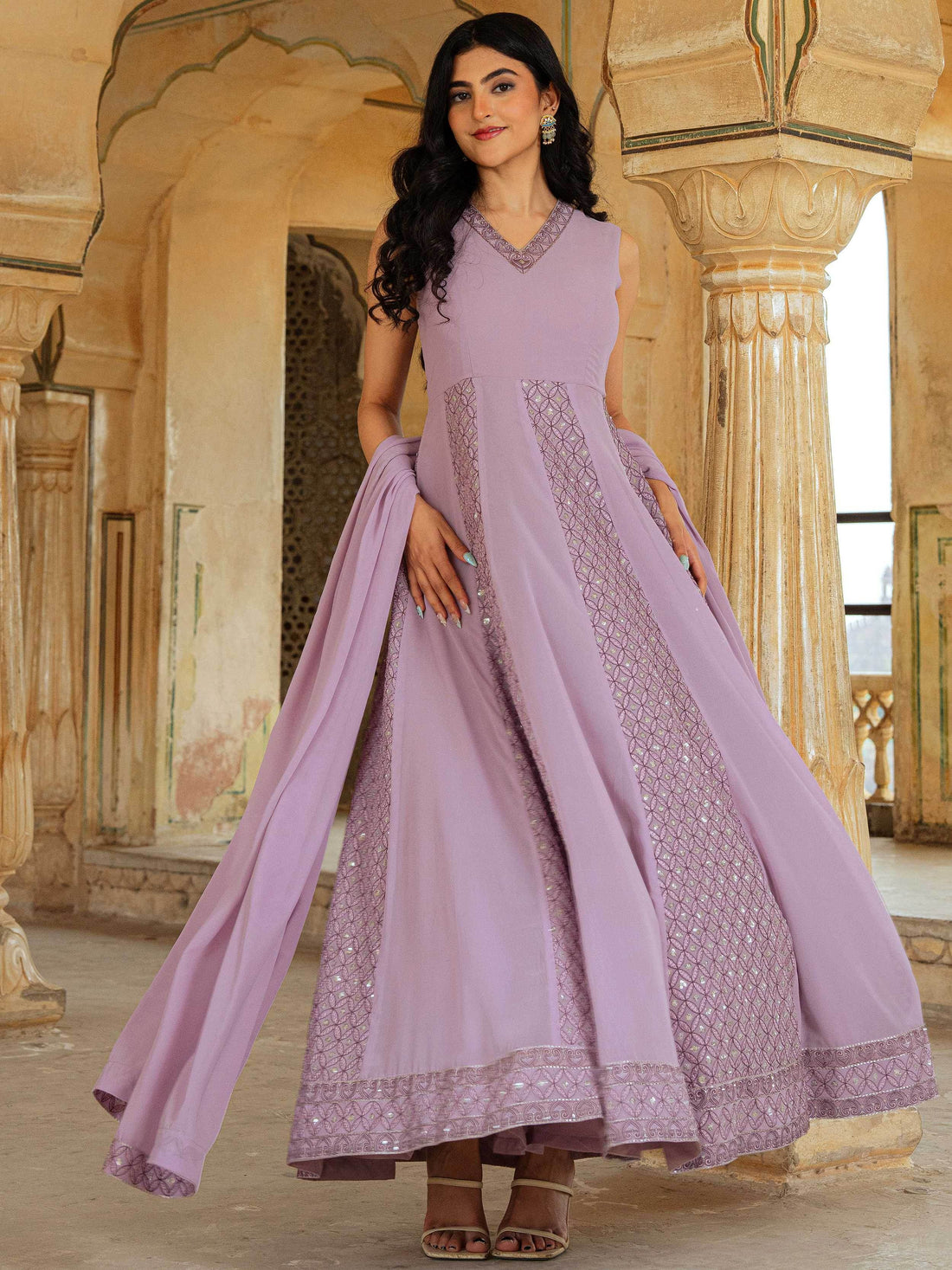 Classy Lavender Lucknowi Work Georgette Festive Wear Gown With Dupatta