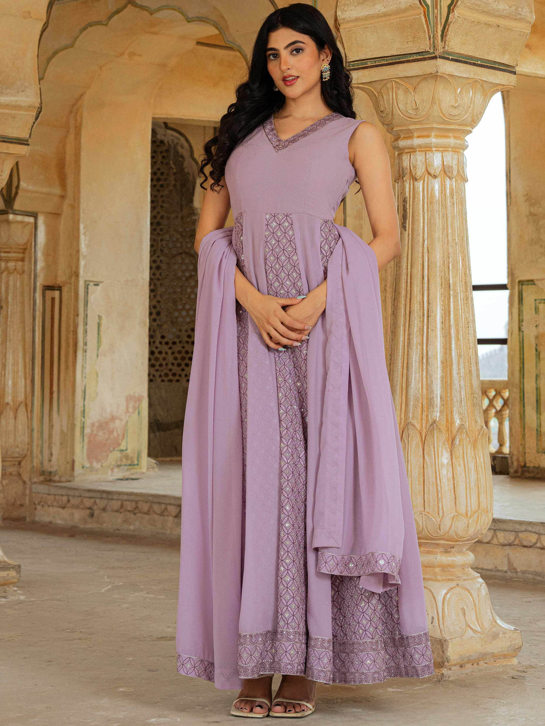 Classy Lavender Lucknowi Work Georgette Festive Wear Gown With Dupatta